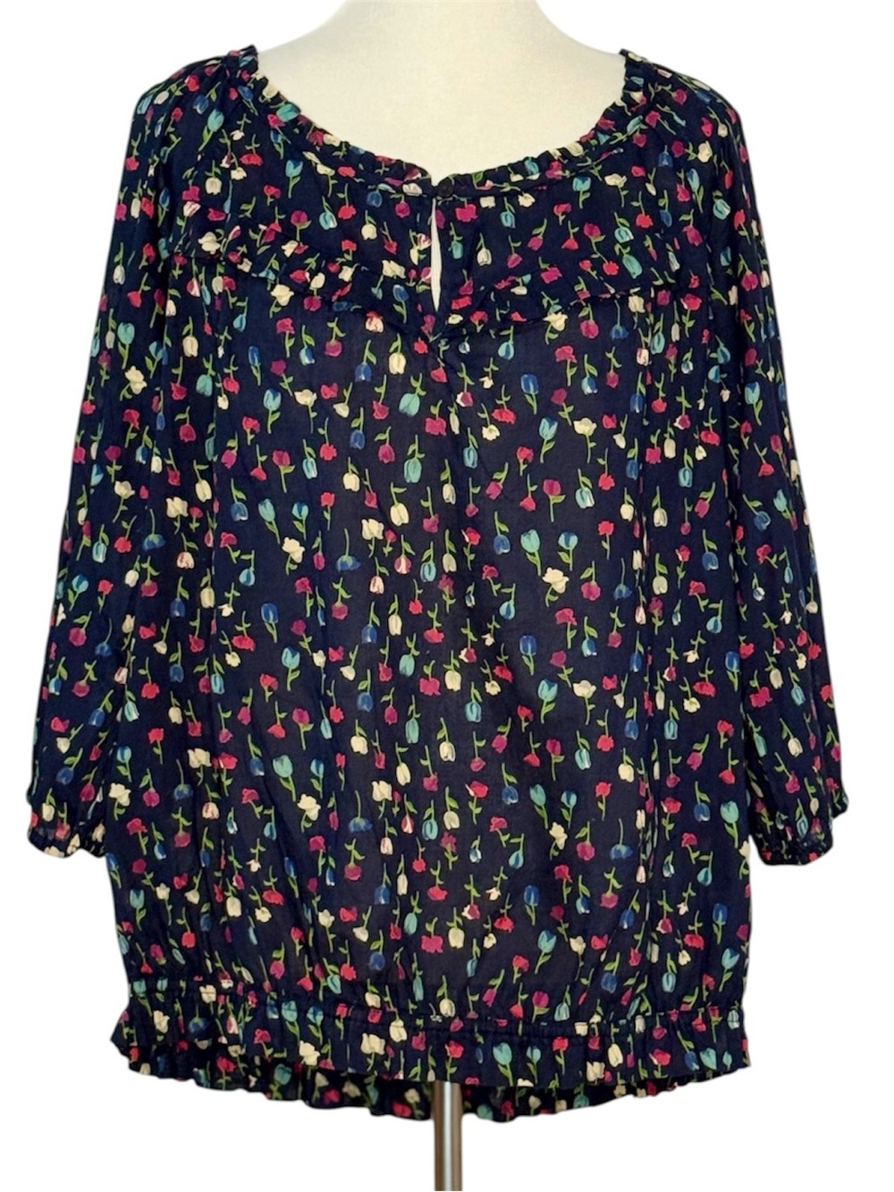 MNG by Mango Women’s US 12 Floral Peasant Blouse Navy Tulip Print Boho Top X-L